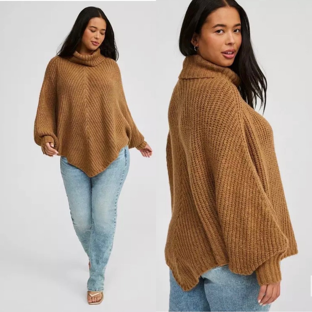 NWT Torrid Chunky Ribbed Knit Poncho Turtleneck Sweater Size 3 4 Camel Brown